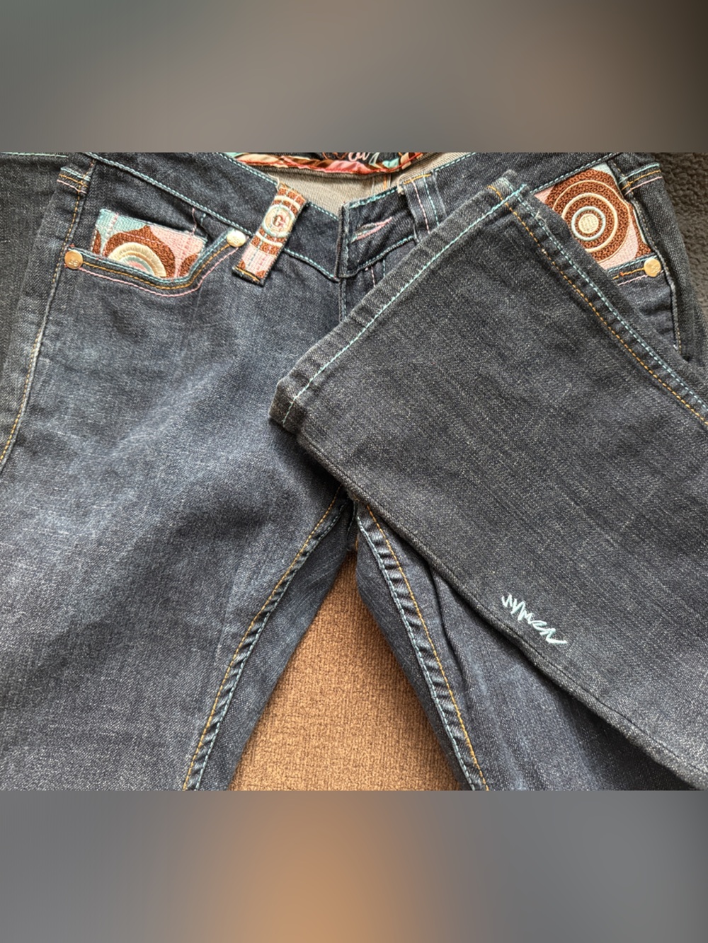 COOGI Dark Blue Denim Bootcut Jeans with Brown Patterned Pocket Trim - Picture 4 of 8